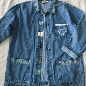 Vintage 90’s Cottagecore Denim Jacket with Heart Patches and fabric accents